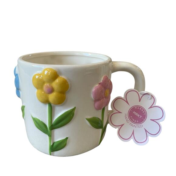 Hand Painted 3D Spring Floral Ceramic Mugs Pink Blue Yellow Set of 2 NEW - Picture 3 of 16